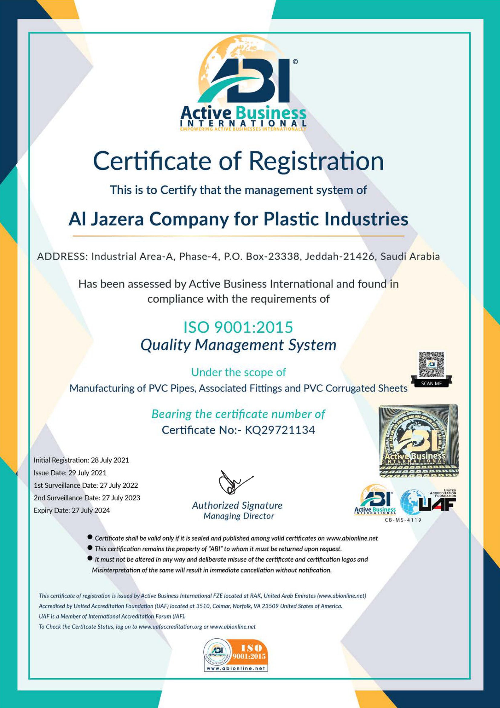 ISO certificate JASCOPVC
